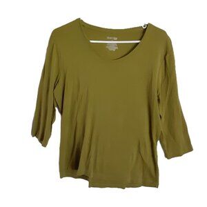 St John's Bay Womans Top Size Large V-Neck Green 3/4 Sleeve Pullover 100% Cotton